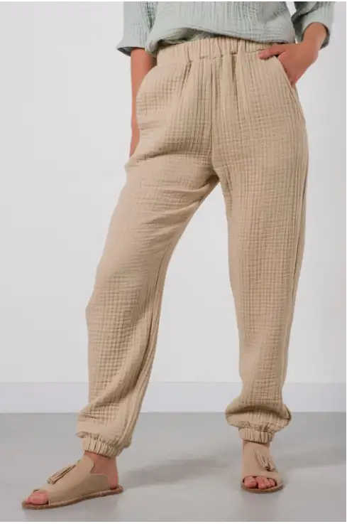 Pantalon Damă de Muselină Lejeri cu Talie Elastică Beige XL