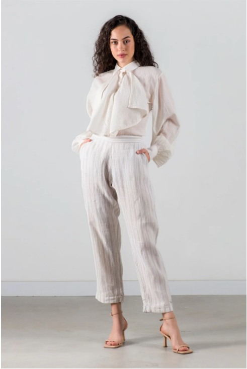 Pantaloni In și Bumbac Talie Lejeră Dama- Striped S