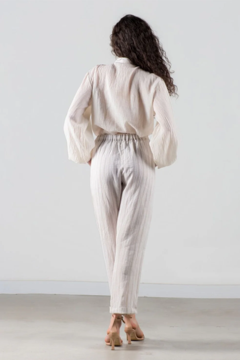 Pantaloni In și Bumbac Talie Lejeră Dama- Striped S